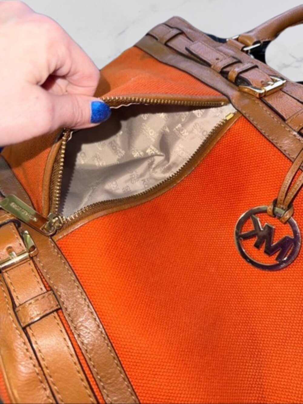 Michael Kors Kingsbury Orange Canvas Bucket Bag Cognac Leather Crossbody - Picture 10 of 13